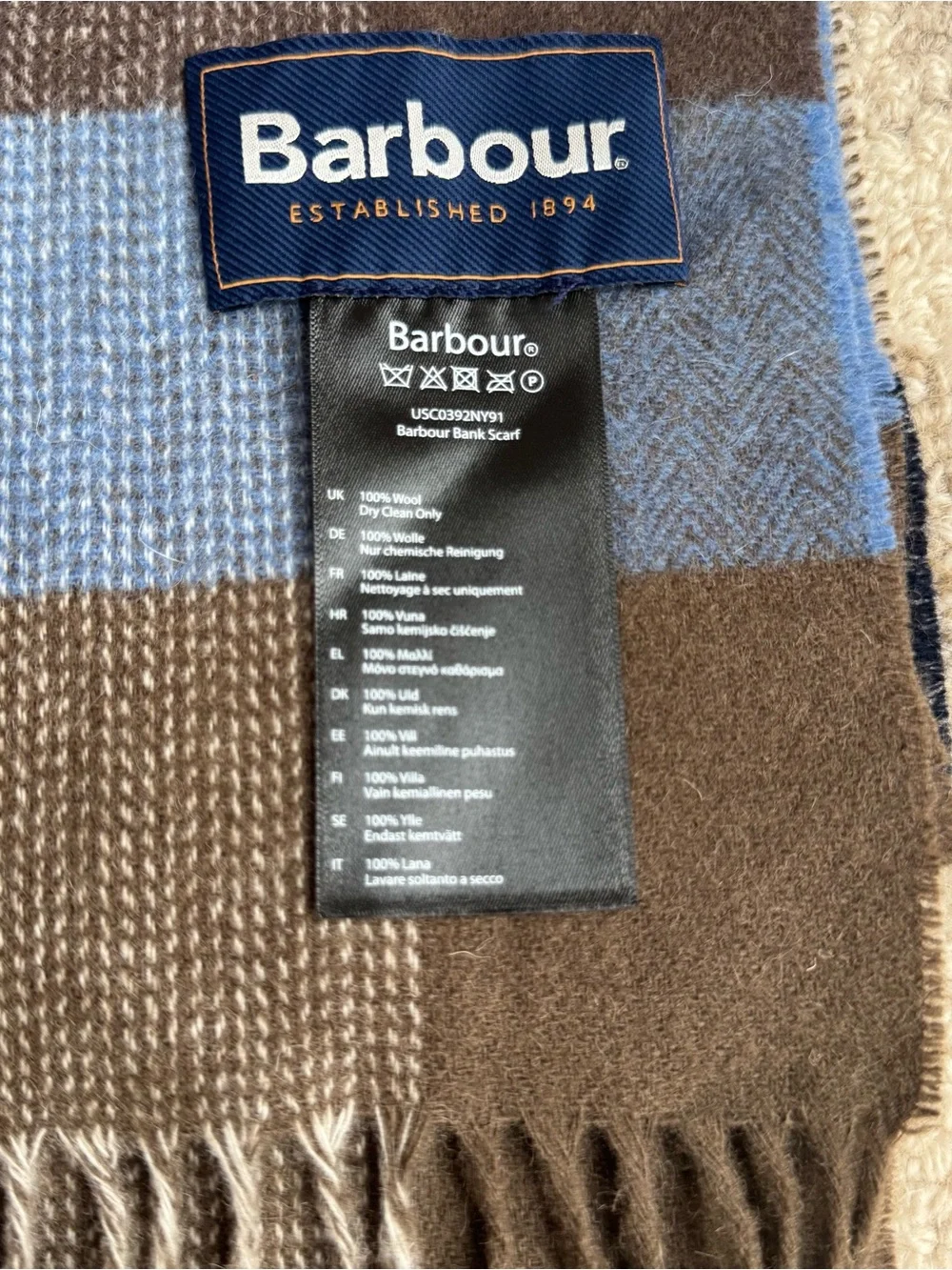 Men’s Barbour Bank 100% Wool Plaid Scarf From Scotland